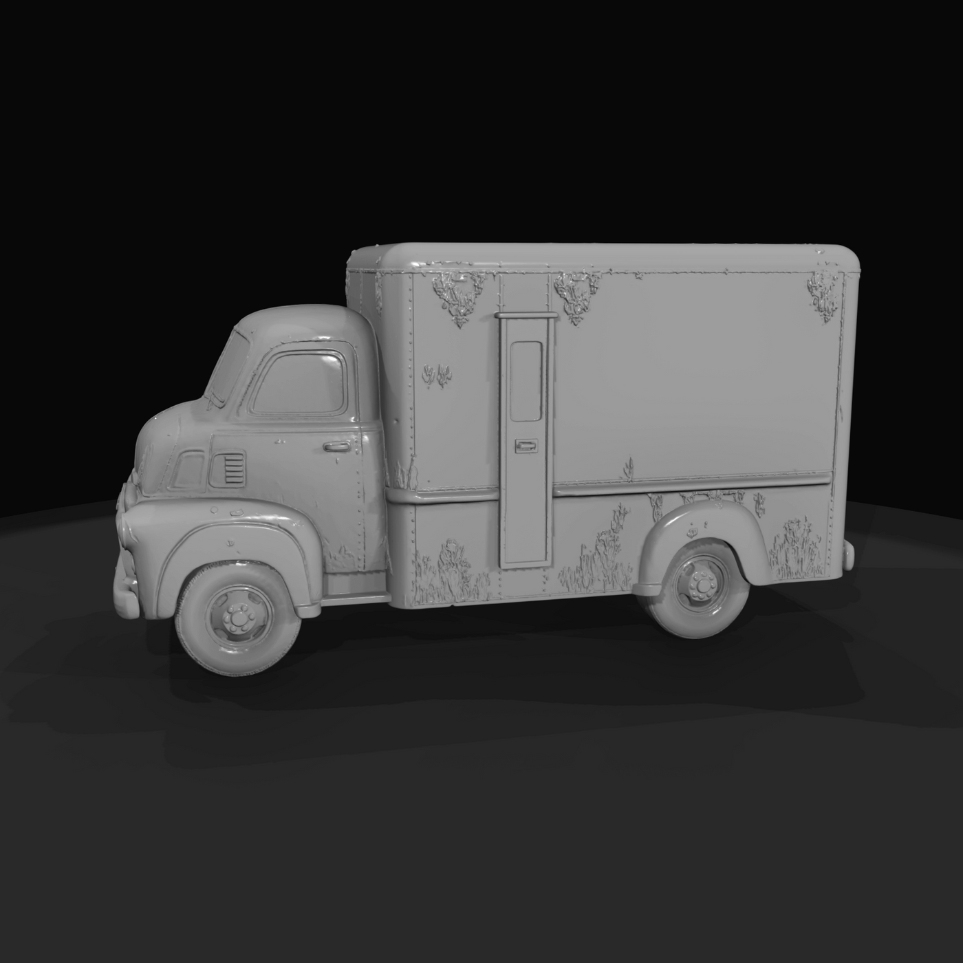 mid-century delivery box truck, scale model (1940s–1960s) — weathered, commercial straight truck