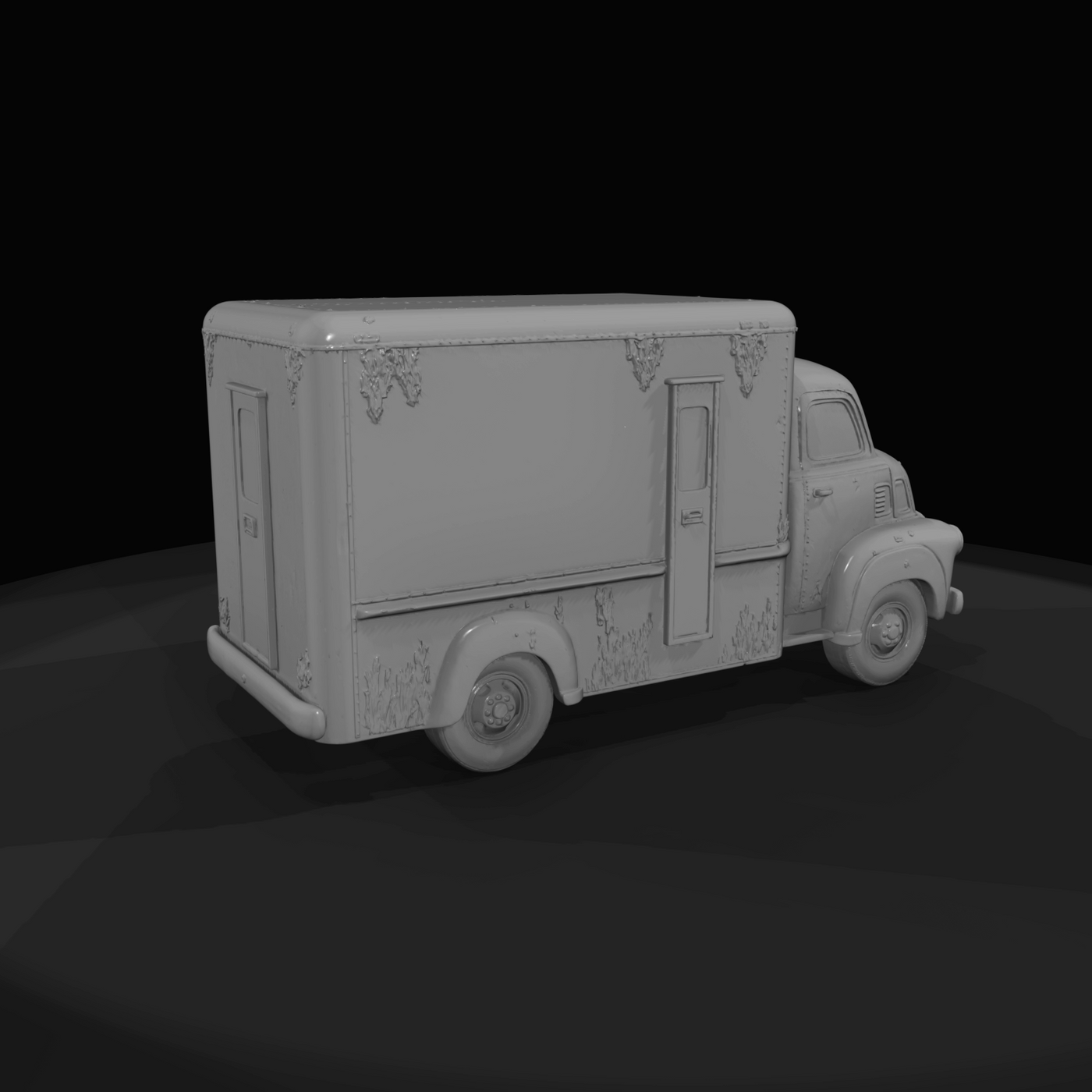 mid-century delivery box truck, scale model (1940s–1960s) — weathered, commercial straight truck