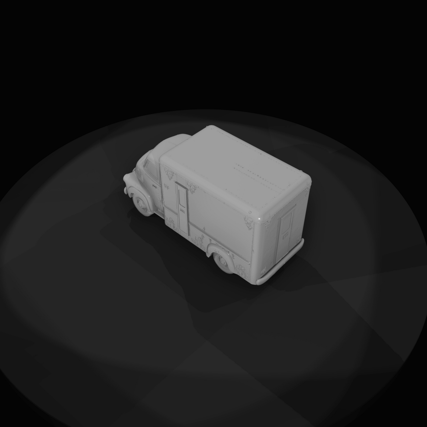 mid-century delivery box truck, scale model (1940s–1960s) — weathered, commercial straight truck