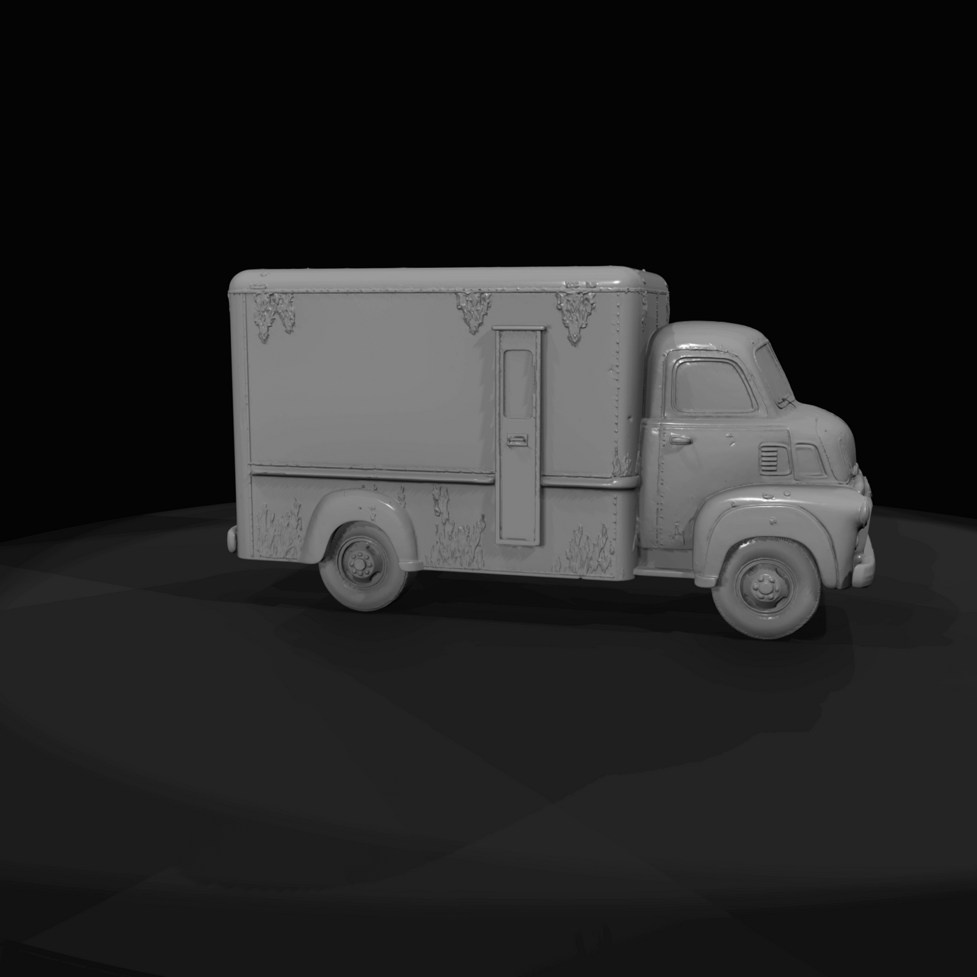 mid-century delivery box truck, scale model (1940s–1960s) — weathered, commercial straight truck