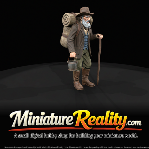 Hobo Prospector with backpack and walking stick