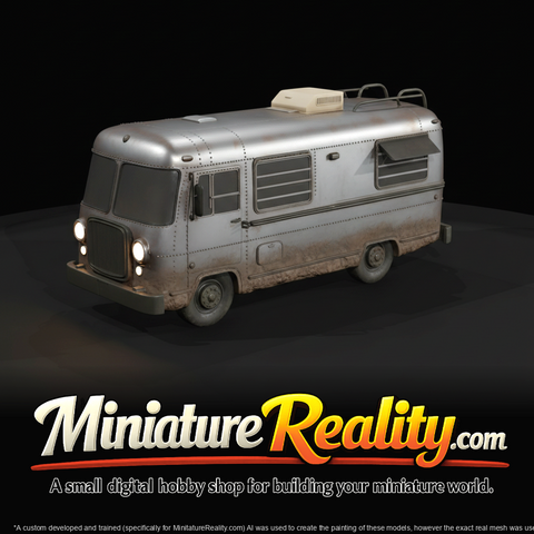 retro riveted aluminum/steel camper with roof rack and rooftop AC unit (boxy vintage coach inspired design)