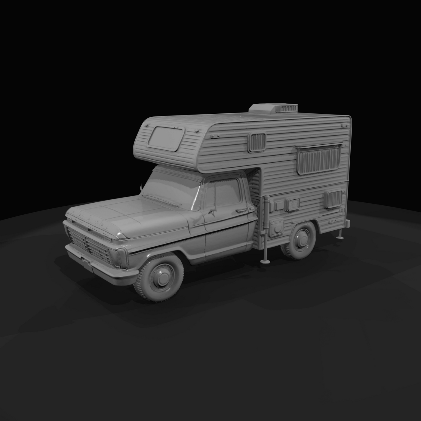 1960s Ford pickup with slide-in camper (1960s) — red and white, midcentury truck camper
