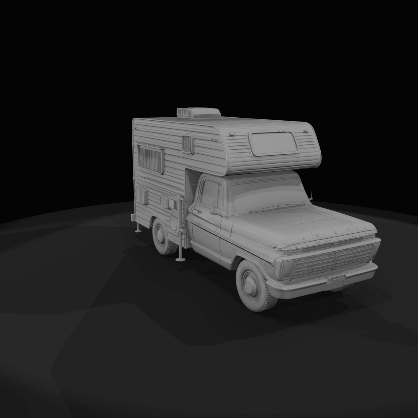 1960s Ford pickup with slide-in camper (1960s) — red and white, midcentury truck camper