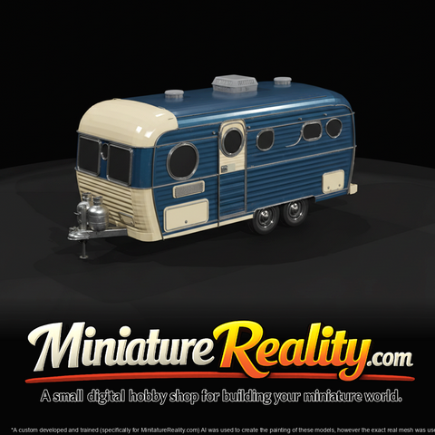 small vintage travel trailer (metal-bodied caravan with corrugated siding, porthole windows, roof vents, front propane tanks and tongue hitch)