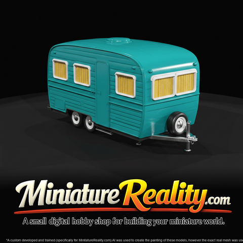 mid-size vintage caravan with A-frame hitch and spare wheel mounted on tongue