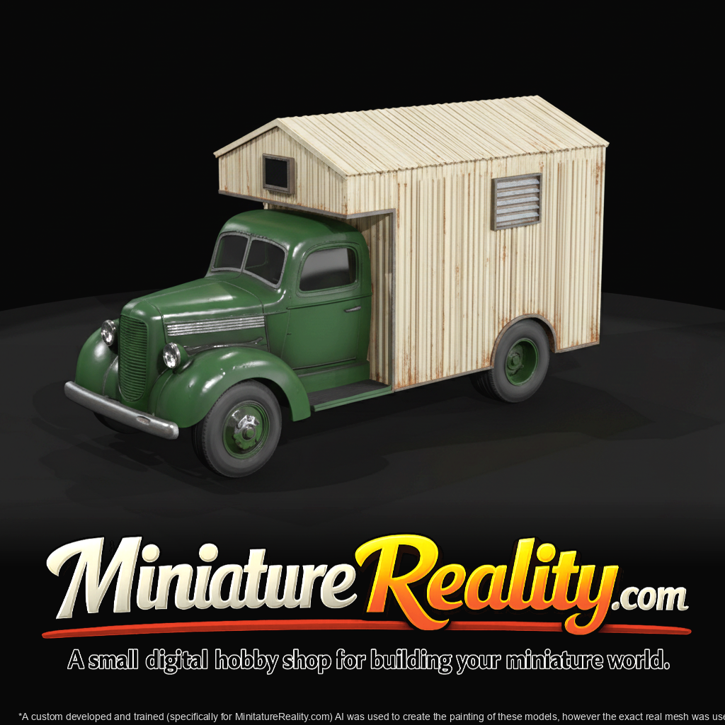 Period light-duty truck chassis with a corrugated metal or wooden mobile-cabin body mounted on the bed