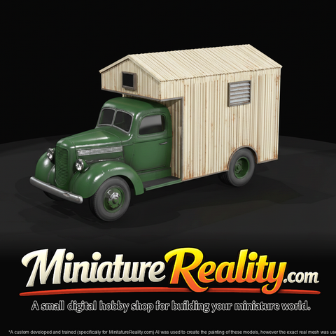 vintage truck with corrugated-metal camper/cabin