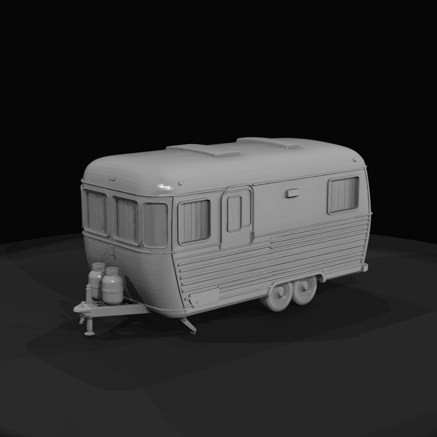 towed travel trailer with rounded front, corrugated side panels, dual axle and front hitch with two propane tanks