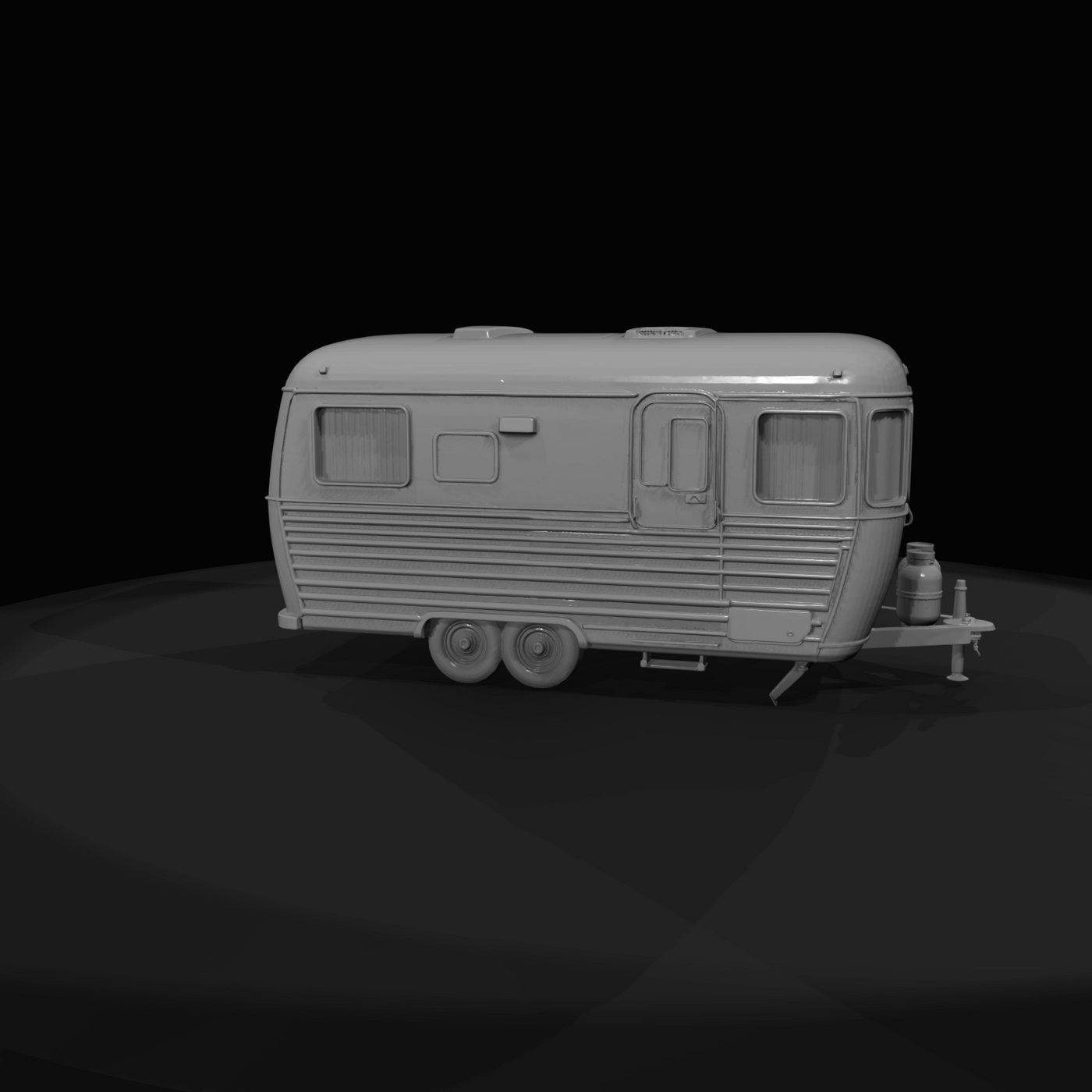 towed travel trailer with rounded front, corrugated side panels, dual axle and front hitch with two propane tanks