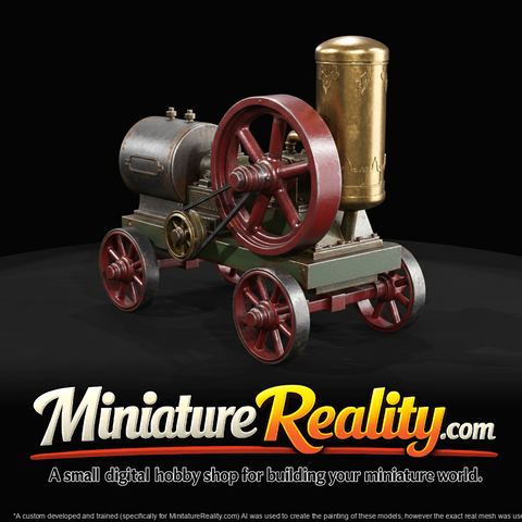 antique portable stationary engine on cart (1880s–1920s) — flywheel, wagon wheels, cast iron machinery