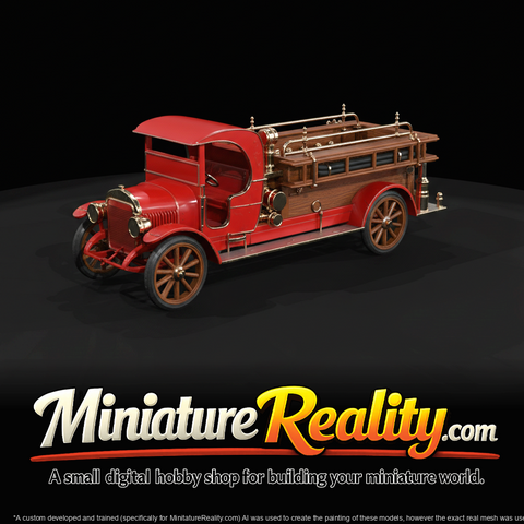 Model-T-era style fire truck (circa 1910s) with open cab and wooden-spoked wheels