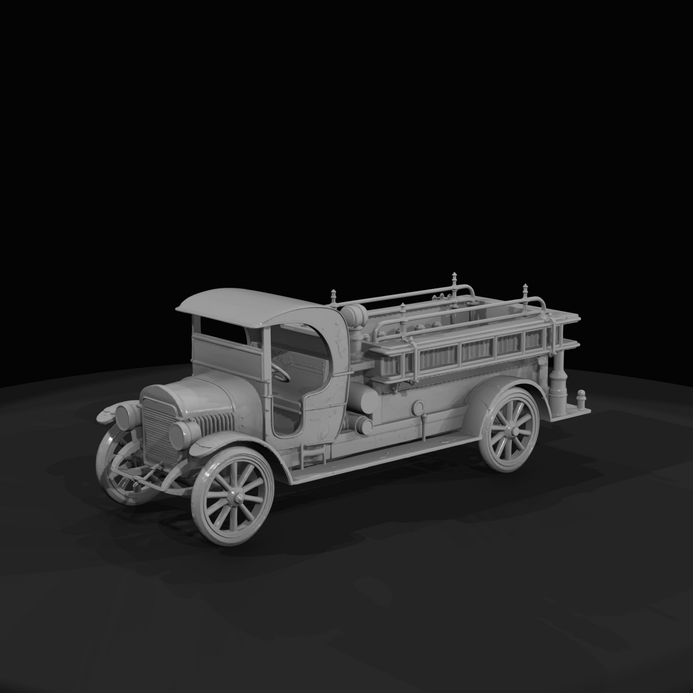 Model-T-era style fire truck (circa 1910s) with open cab and wooden-spoked wheels