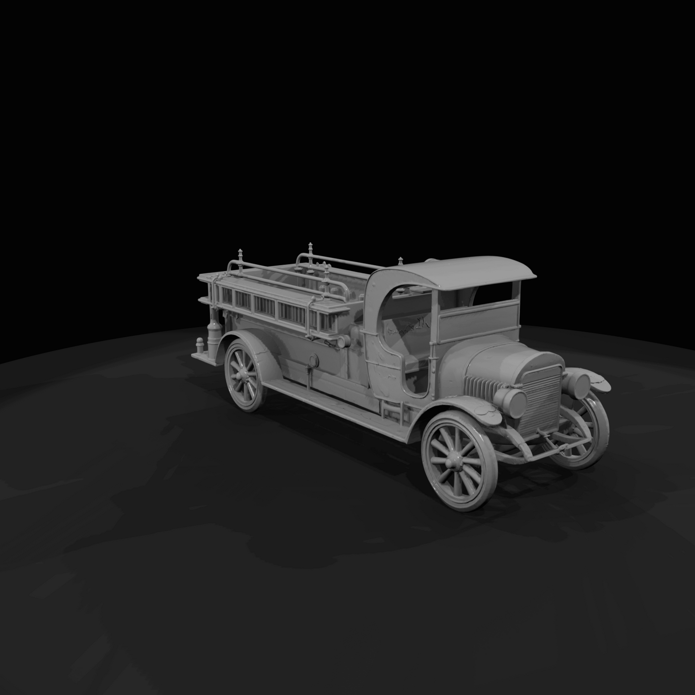 Model-T-era style fire truck (circa 1910s) with open cab and wooden-spoked wheels