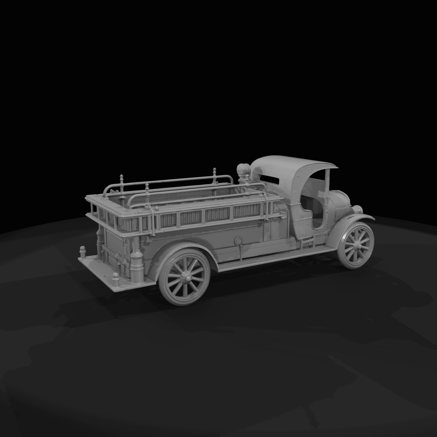 Model-T-era style fire truck (circa 1910s) with open cab and wooden-spoked wheels