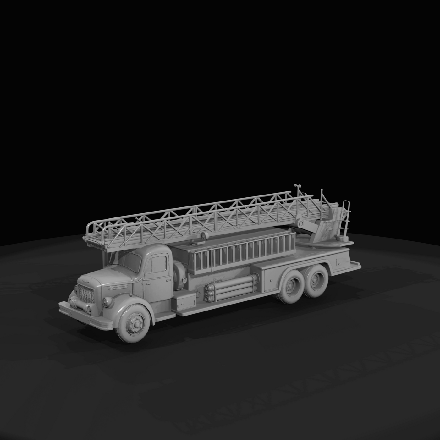 mid-20th-century (1950s–1960s) aerial ladder fire truck – long-chassis ladder truck with dual rear axle