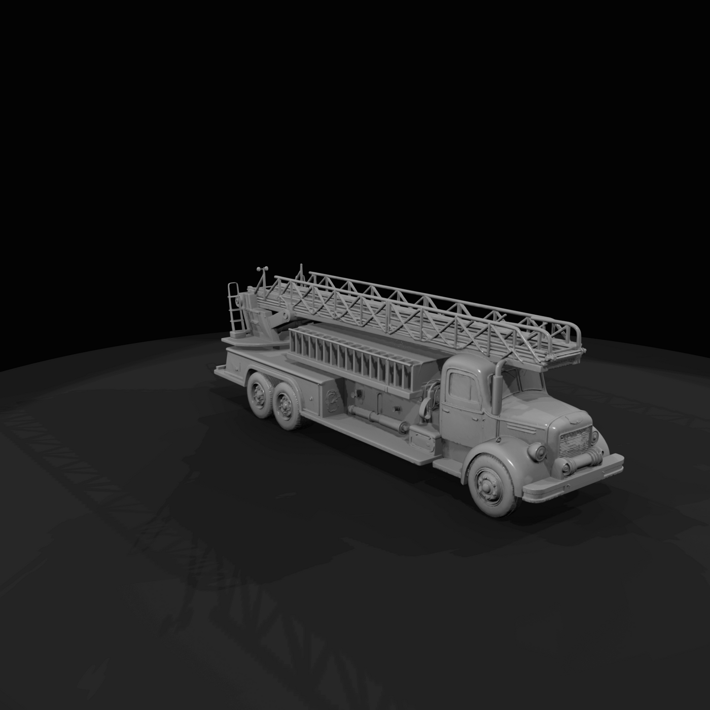 mid-20th-century (1950s–1960s) aerial ladder fire truck – long-chassis ladder truck with dual rear axle