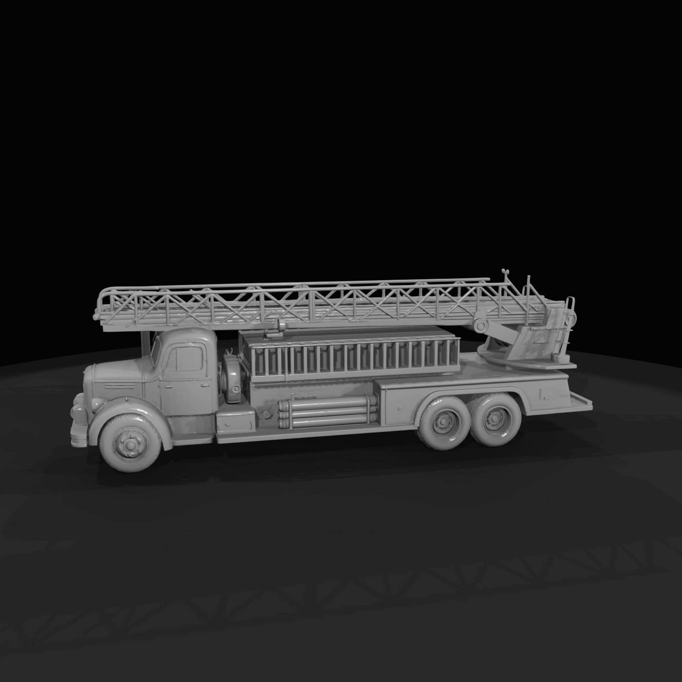 mid-20th-century (1950s–1960s) aerial ladder fire truck – long-chassis ladder truck with dual rear axle