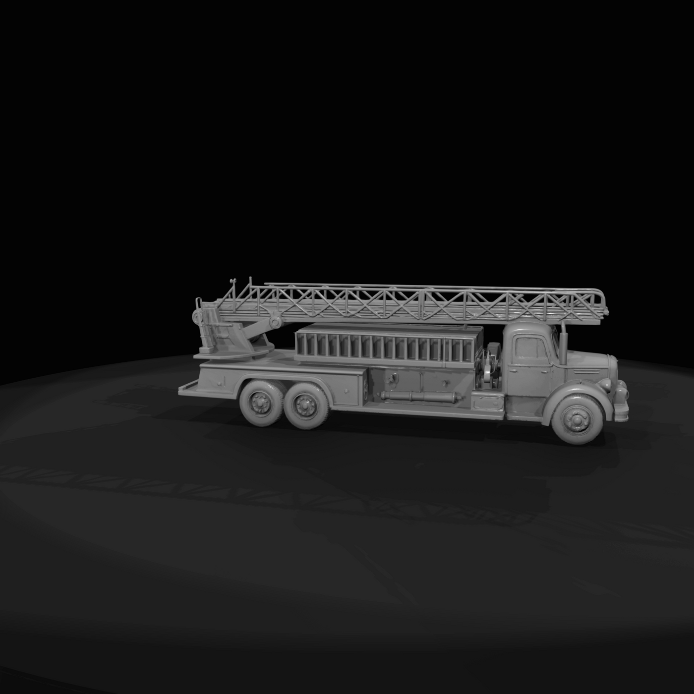 mid-20th-century (1950s–1960s) aerial ladder fire truck – long-chassis ladder truck with dual rear axle