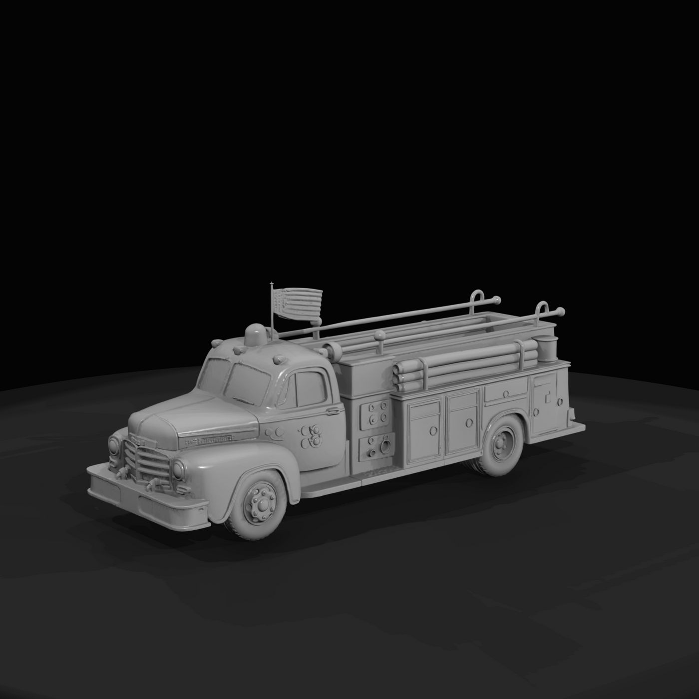 mid-20th-century American-style pumper fire truck (stylized 3D model)