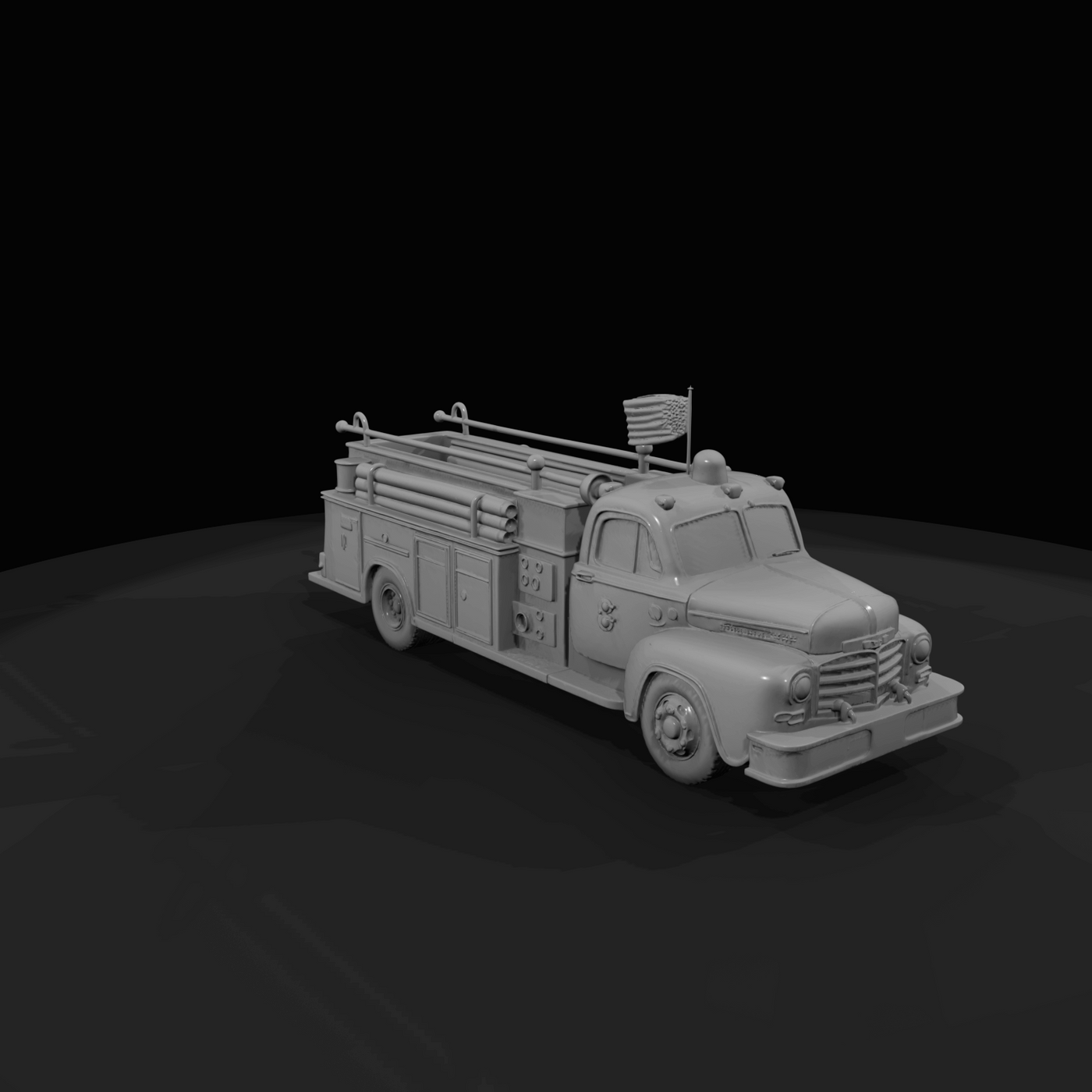 mid-20th-century American-style pumper fire truck (stylized 3D model)