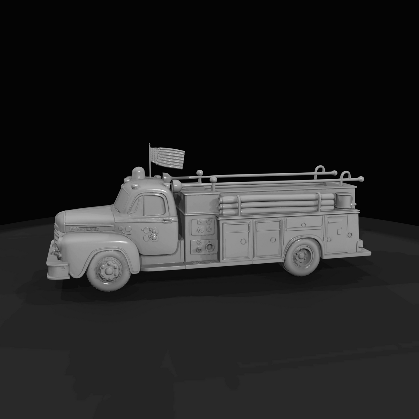 mid-20th-century American-style pumper fire truck (stylized 3D model)