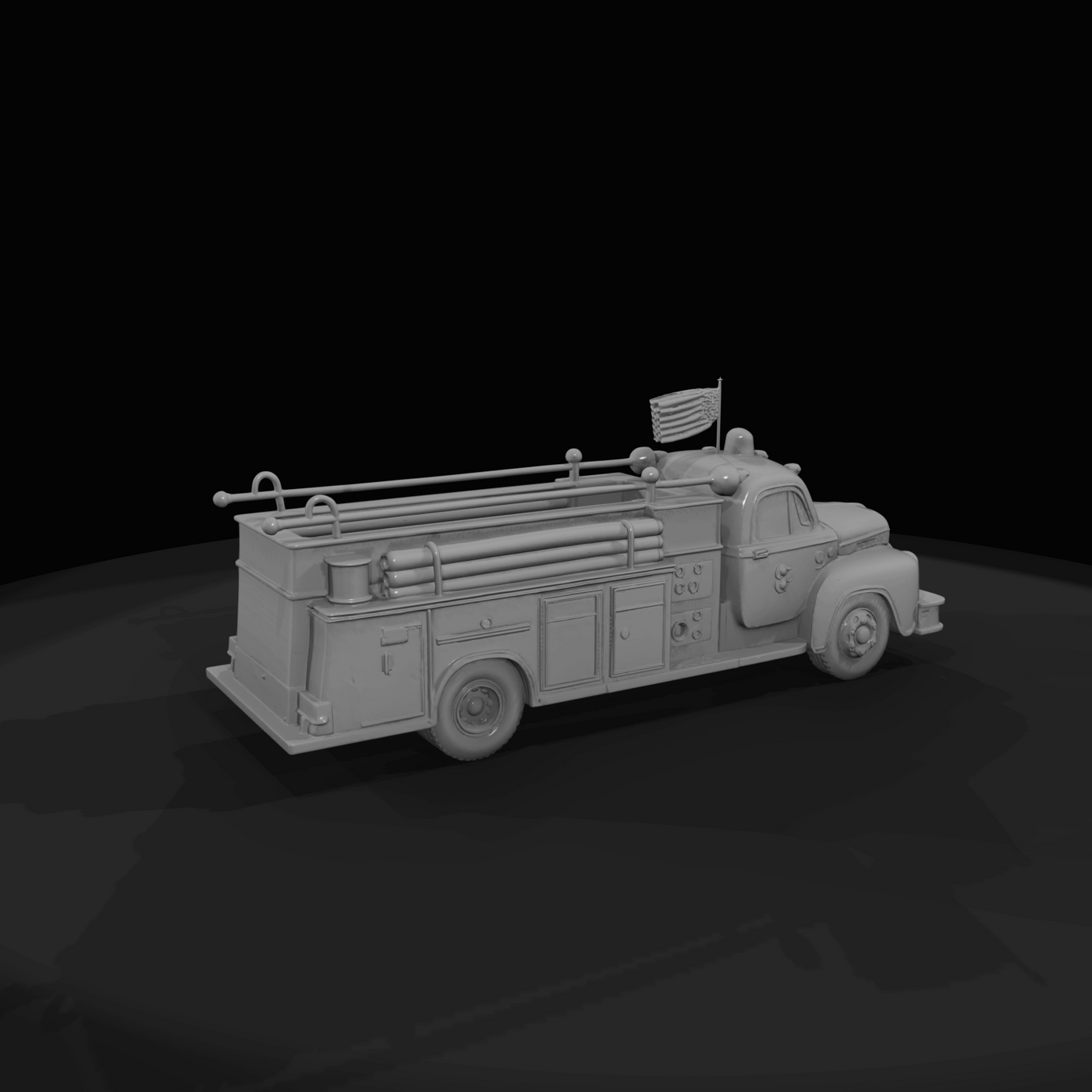 mid-20th-century American-style pumper fire truck (stylized 3D model)