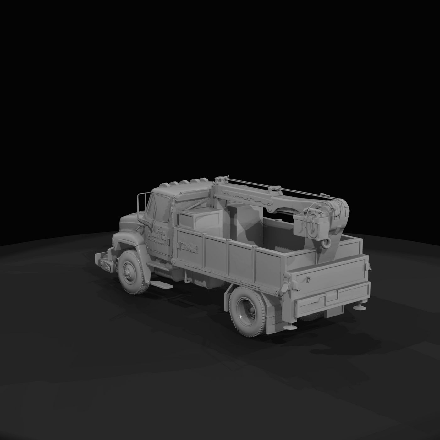 work/service truck with mid-mounted articulated crane and open cargo bed (drop-side panels), front tow/attachment assembly