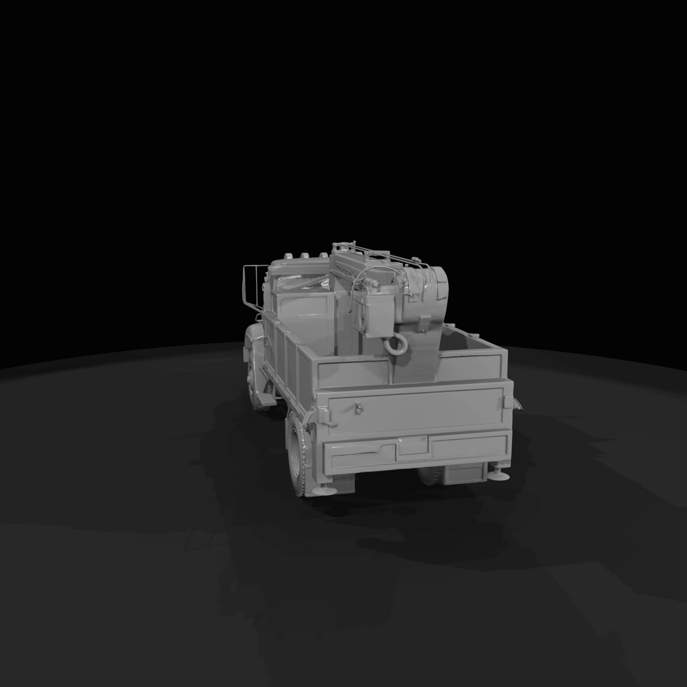 work/service truck with mid-mounted articulated crane and open cargo bed (drop-side panels), front tow/attachment assembly