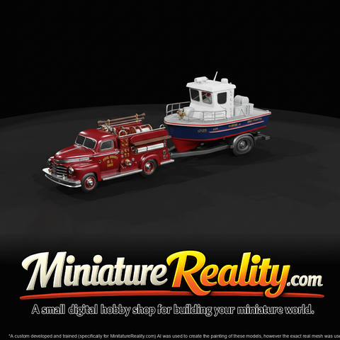mid-20th century fire/rescue truck (truck body with pump/hose fittings) towing a small cabin motorboat on a single-axle trailer