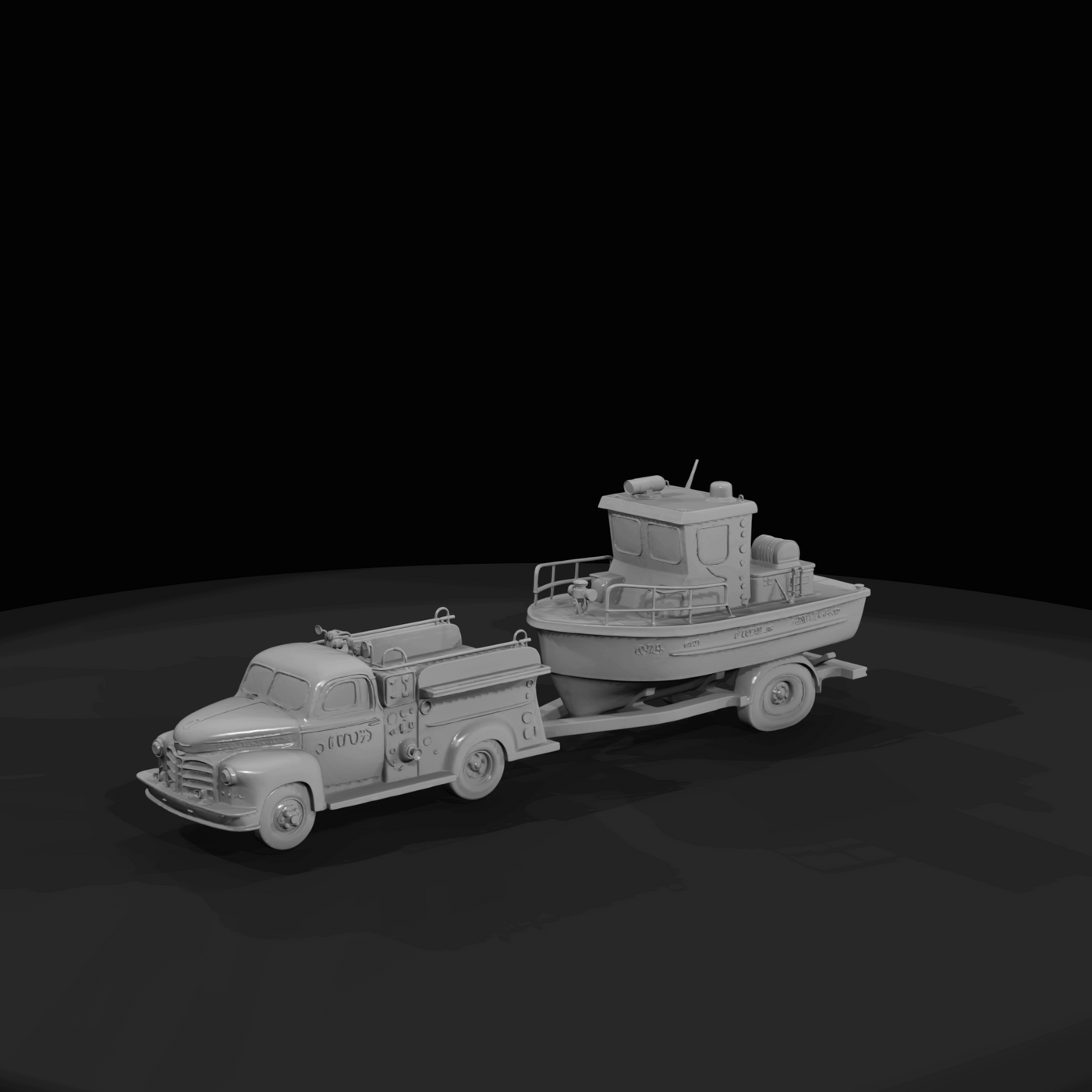 mid-20th century fire/rescue truck (truck body with pump/hose fittings) towing a small cabin motorboat on a single-axle trailer