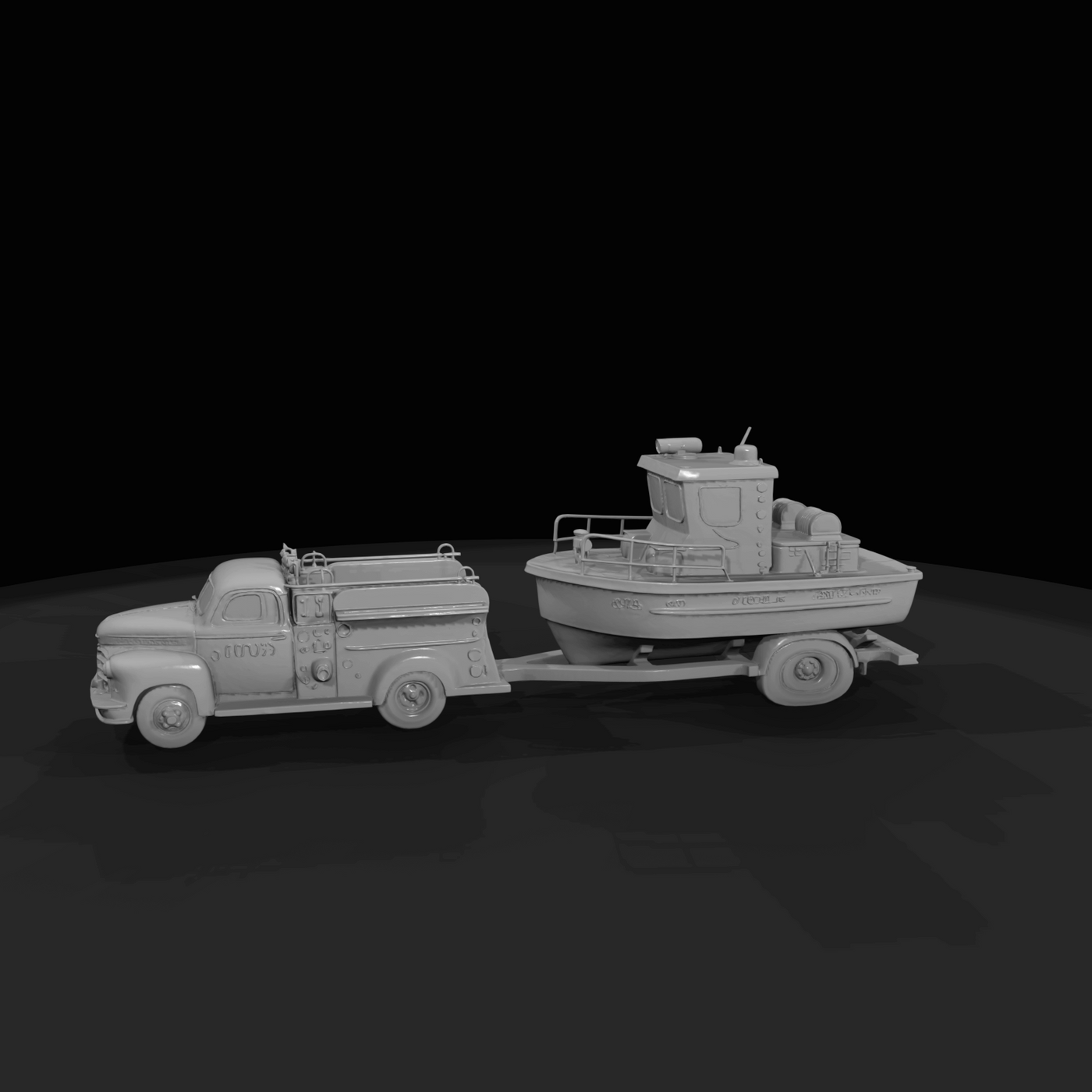 mid-20th century fire/rescue truck (truck body with pump/hose fittings) towing a small cabin motorboat on a single-axle trailer