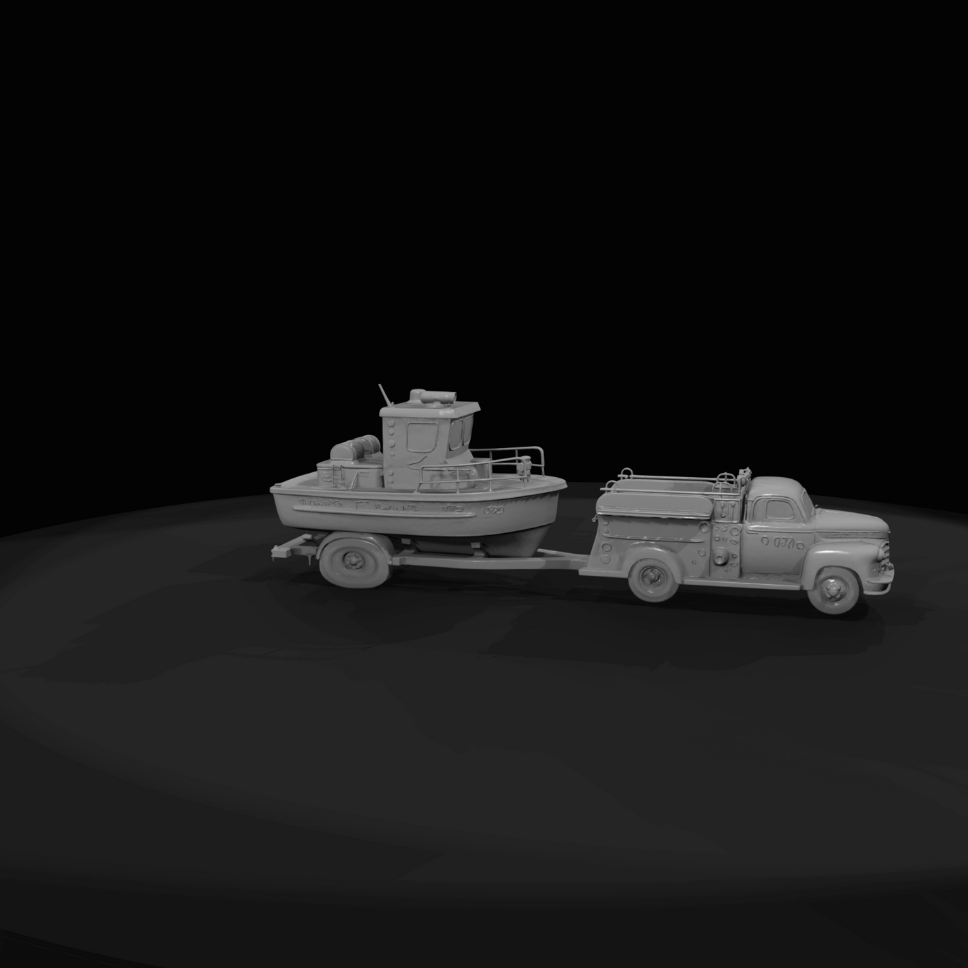 mid-20th century fire/rescue truck (truck body with pump/hose fittings) towing a small cabin motorboat on a single-axle trailer