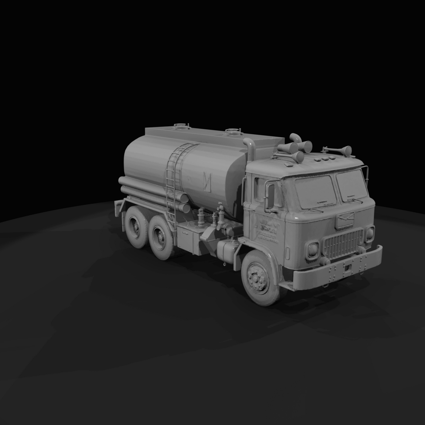 vintage/industrial fuel tanker truck with cylindrical tank and ladder
