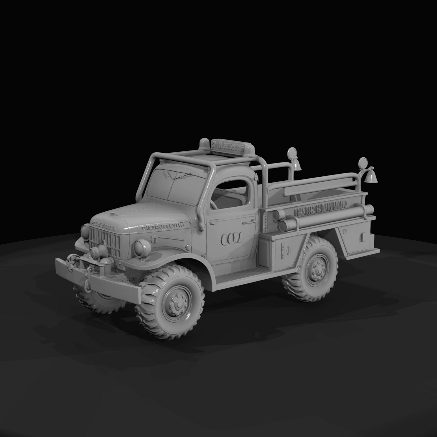mid-20th century light utility/rescue truck or military-style pickup retrofitted as a small fire/rescue vehicle