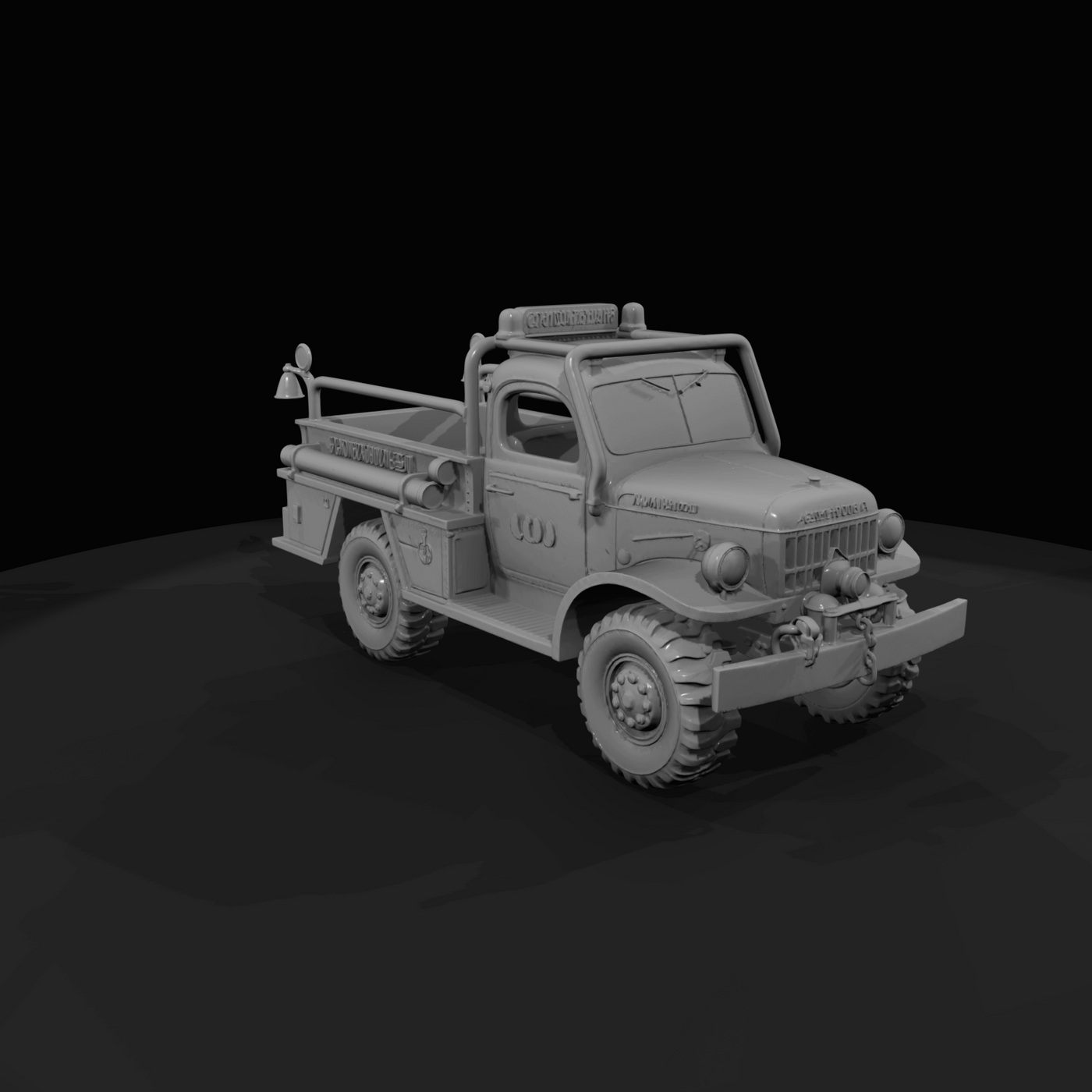mid-20th century light utility/rescue truck or military-style pickup retrofitted as a small fire/rescue vehicle