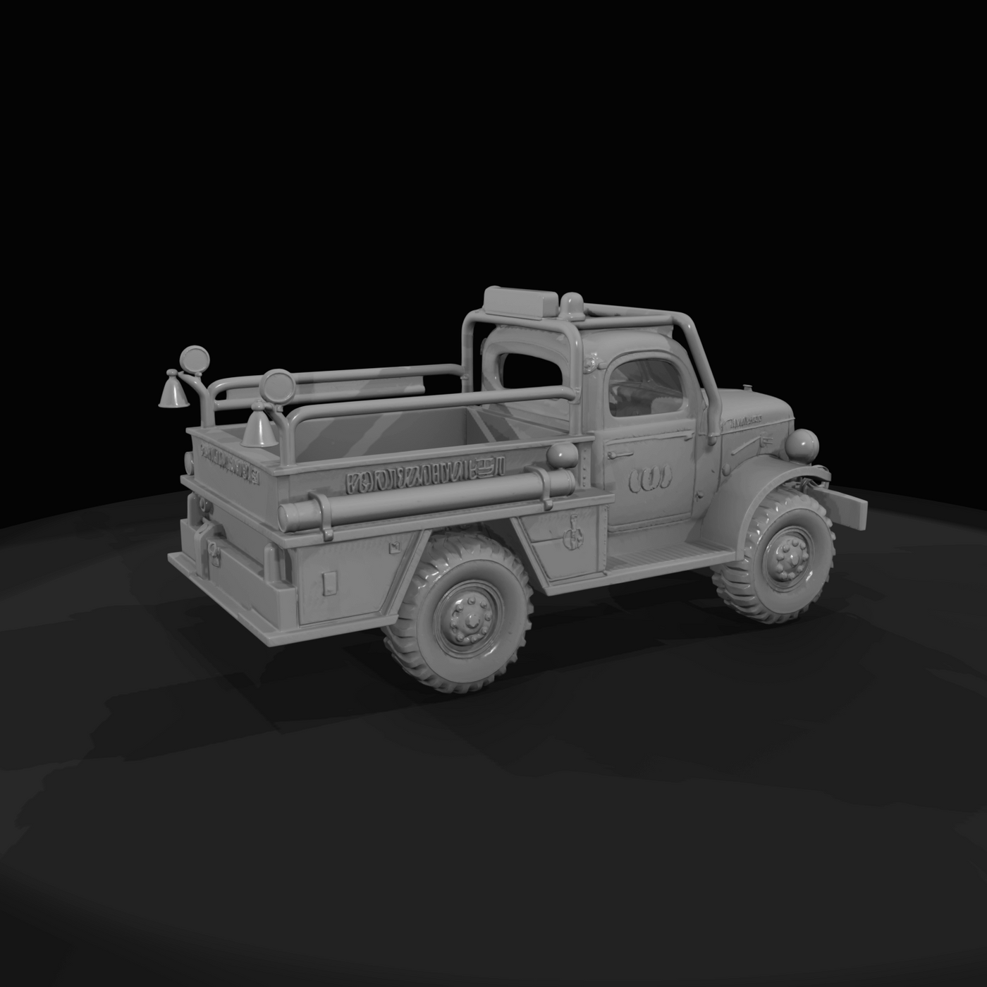 mid-20th century light utility/rescue truck or military-style pickup retrofitted as a small fire/rescue vehicle