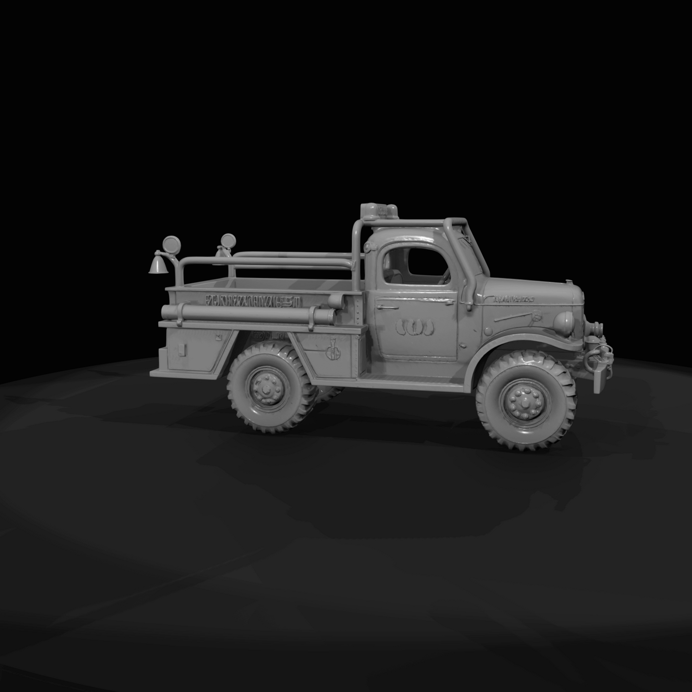 mid-20th century light utility/rescue truck or military-style pickup retrofitted as a small fire/rescue vehicle