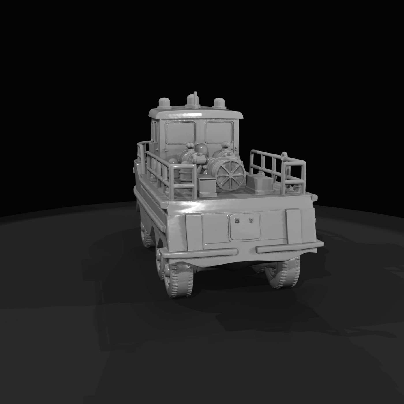 small amphibious 6x6 utility/rescue vehicle with enclosed cabin and deck-mounted winch