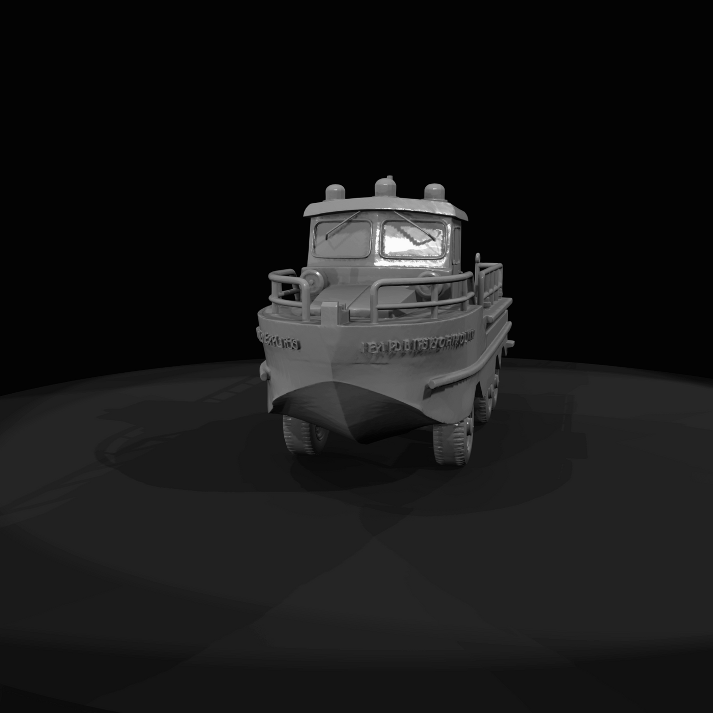 small amphibious 6x6 utility/rescue vehicle with enclosed cabin and deck-mounted winch