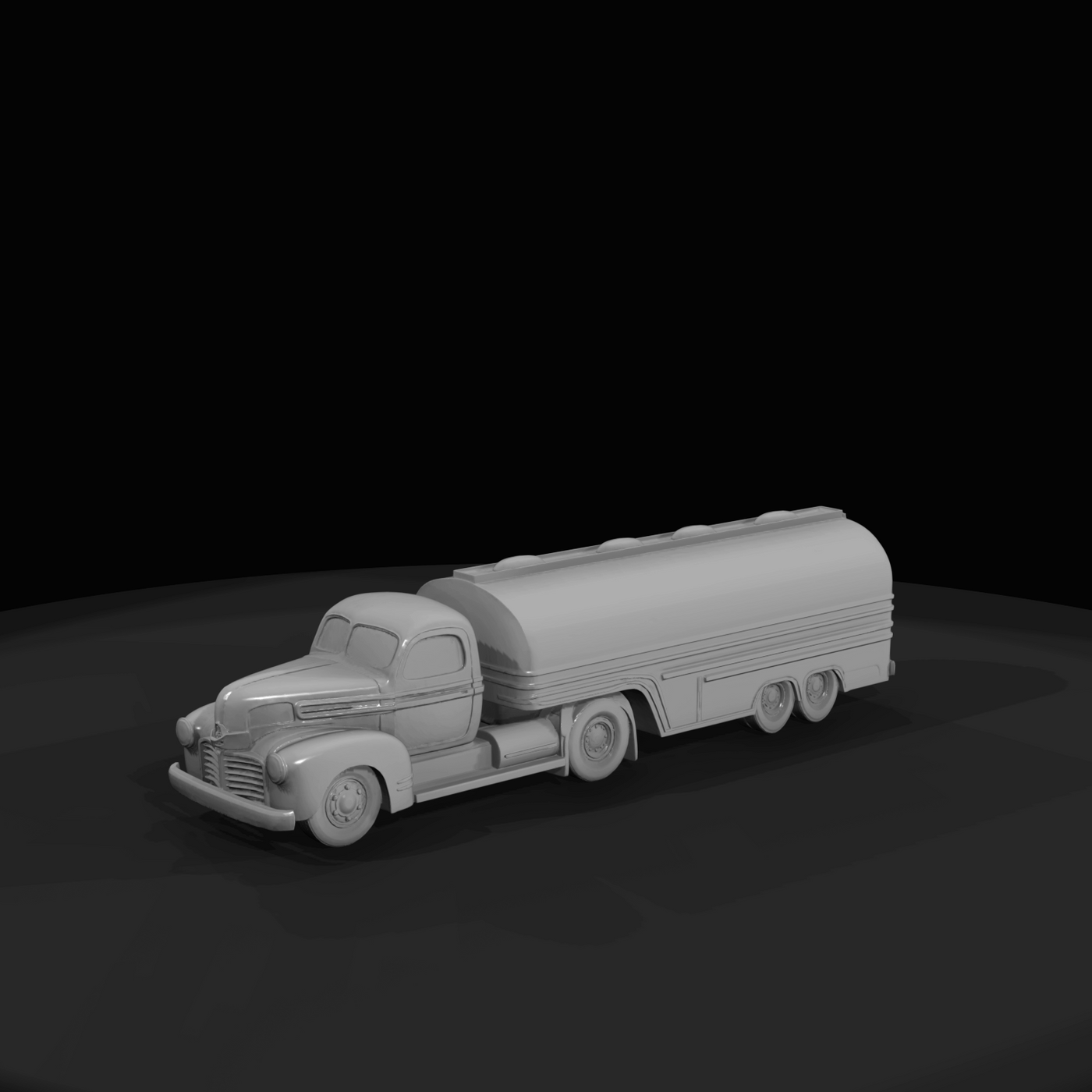 mid-20th century style gasoline/diesel road tanker (cab enclosed cylindrical tanker trailer)