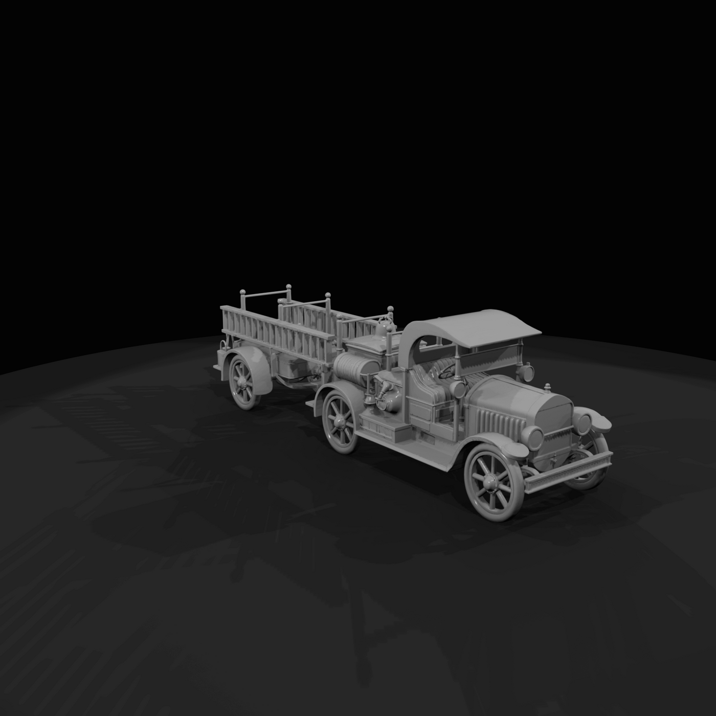antique fire truck with towed ladder trailer
