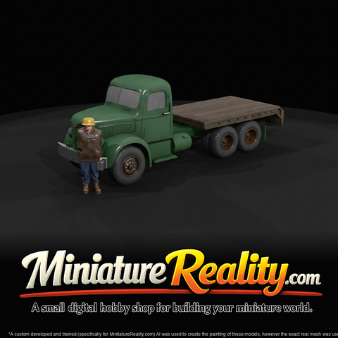 mid-20th century style flatbed truck (6x4 axle configuration) and a standing crew figure