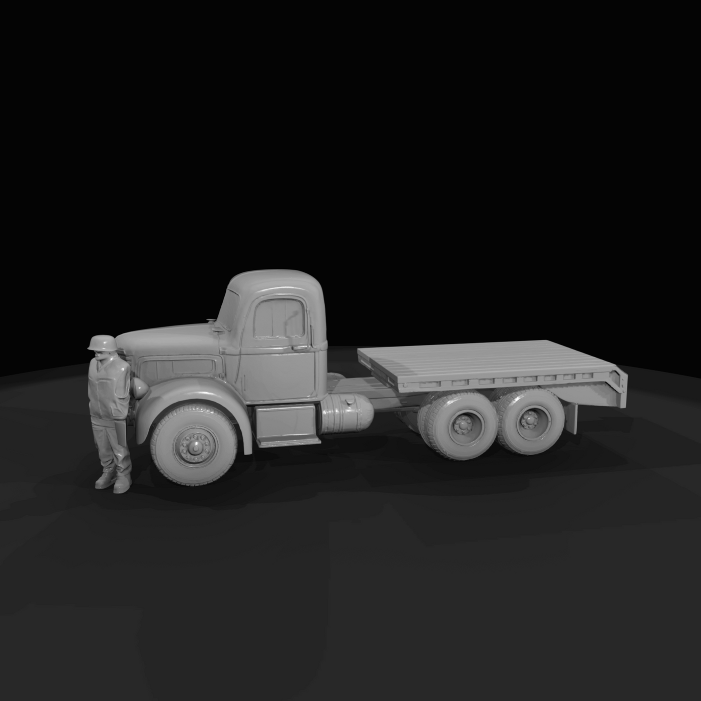 mid-20th century style flatbed truck (6x4 axle configuration) and a standing crew figure