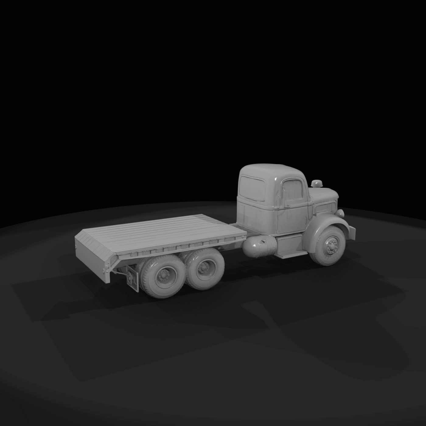 mid-20th century style flatbed truck (6x4 axle configuration) and a standing crew figure