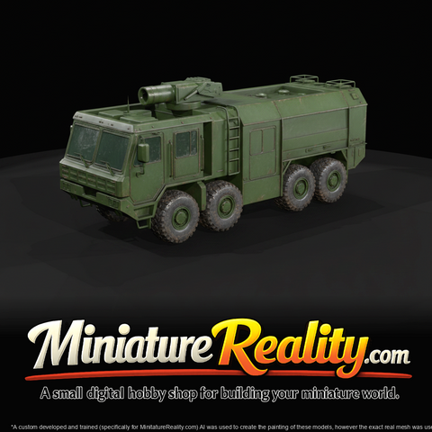 6x6 heavy utility/multi-role military truck (enclosed cab, rear service module, roof-mounted rotating short tube/launcher)