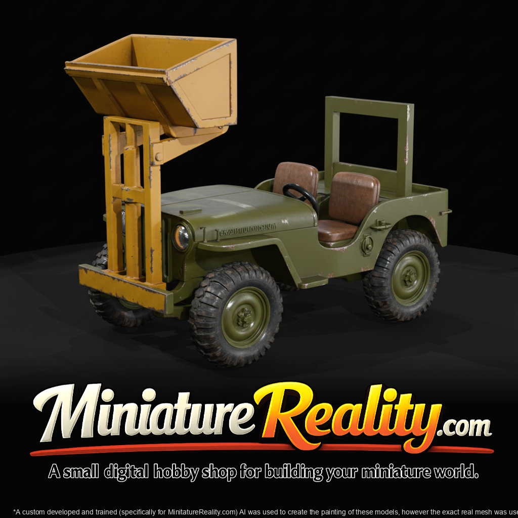 jeep with front-mounted forklift/bucket attachment