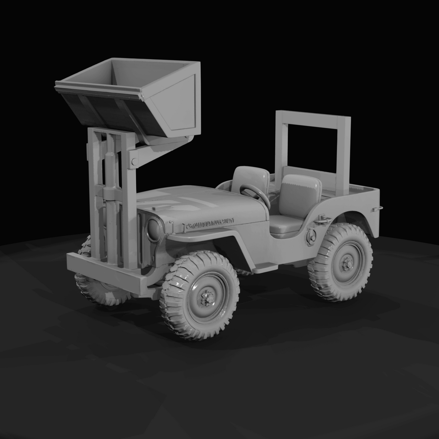 jeep with front-mounted forklift/bucket attachment