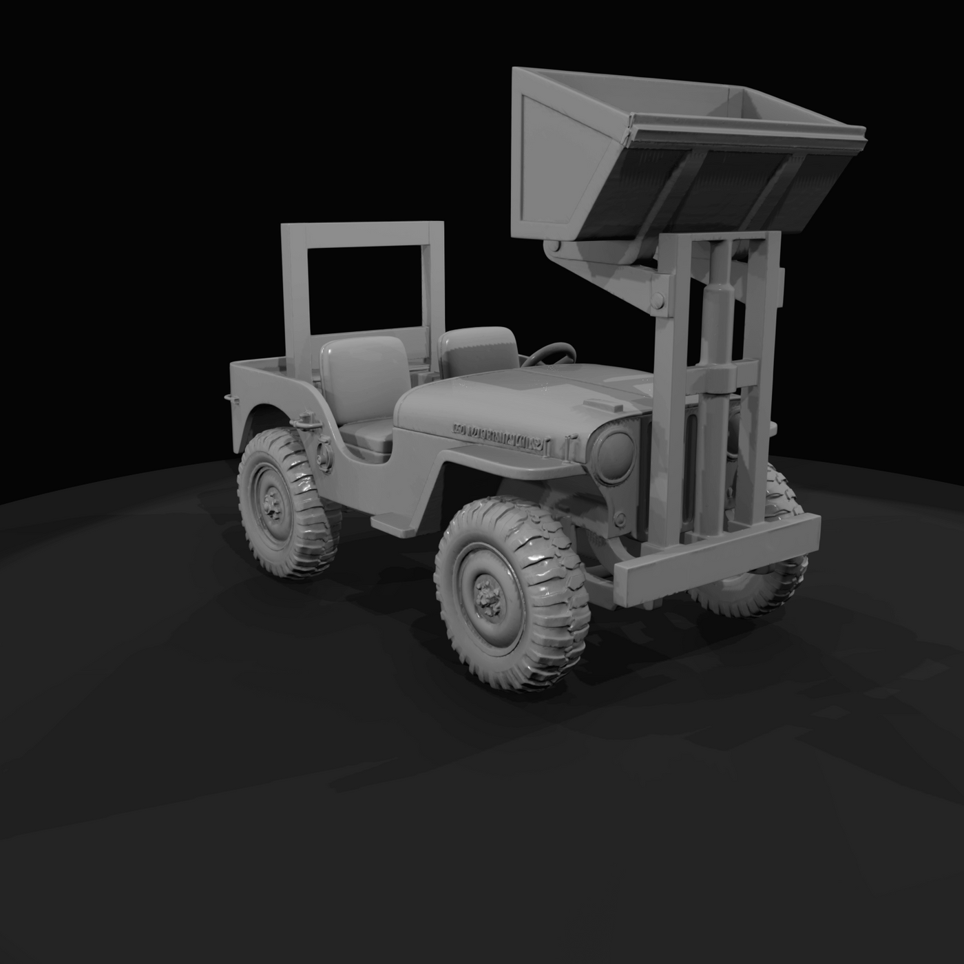 jeep with front-mounted forklift/bucket attachment