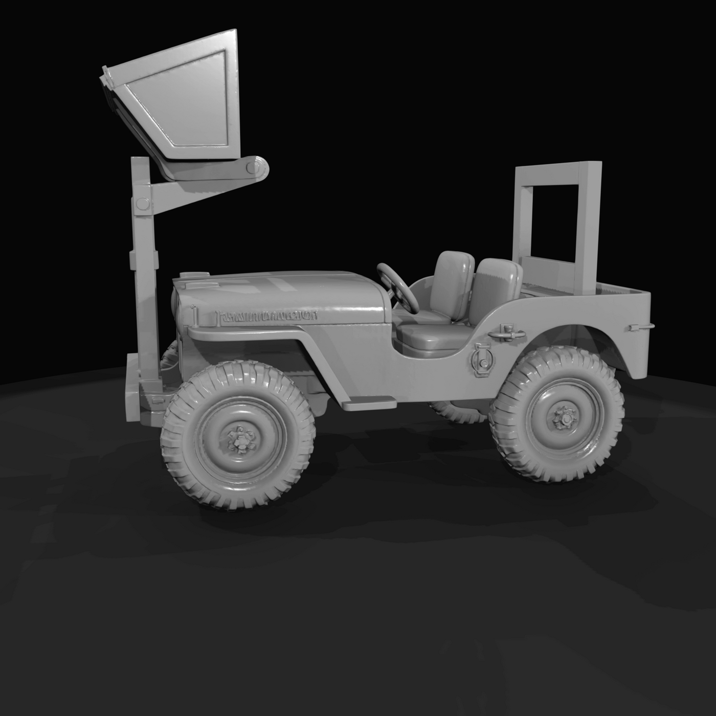 jeep with front-mounted forklift/bucket attachment